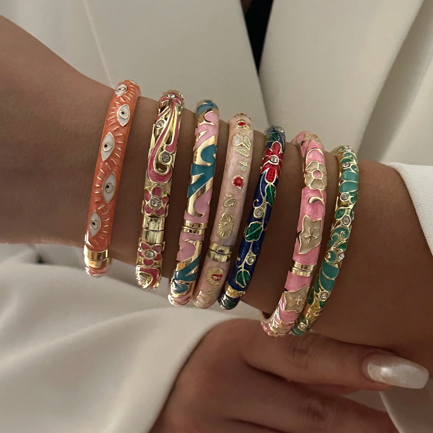 Enamel Flower Bracelet for Women | Retro Gold Plated Evil Eye Zircon Bangle
