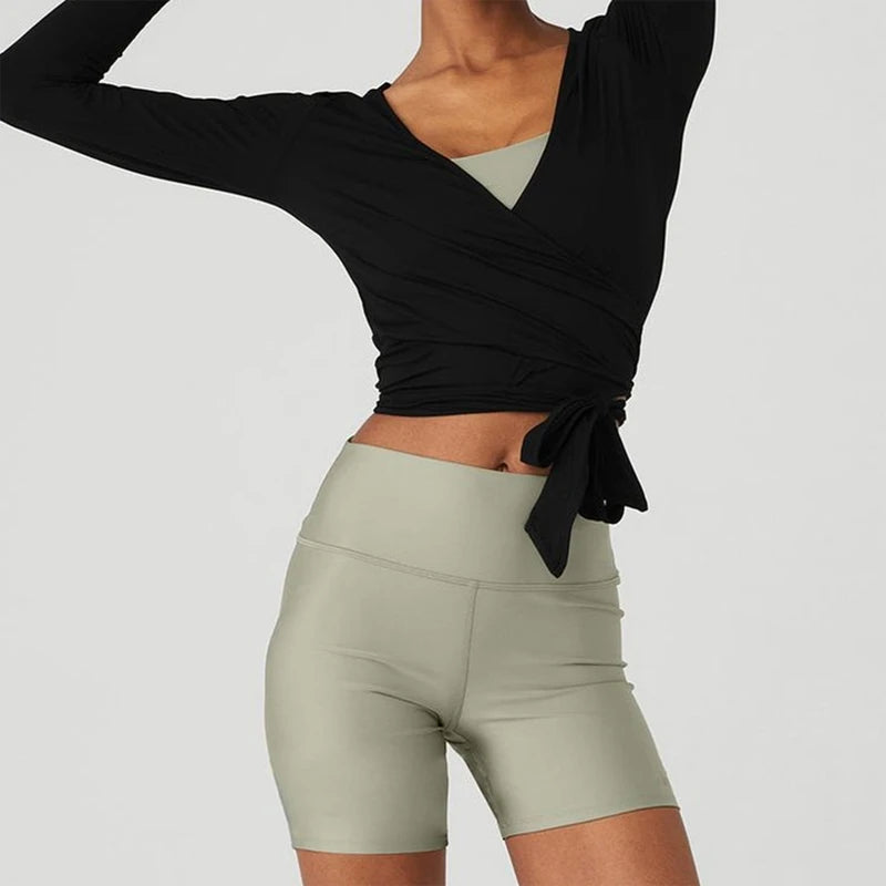 Women's Cross Wrap Yoga Crop Top – Long Sleeve Deep V-Neck Slim Fit