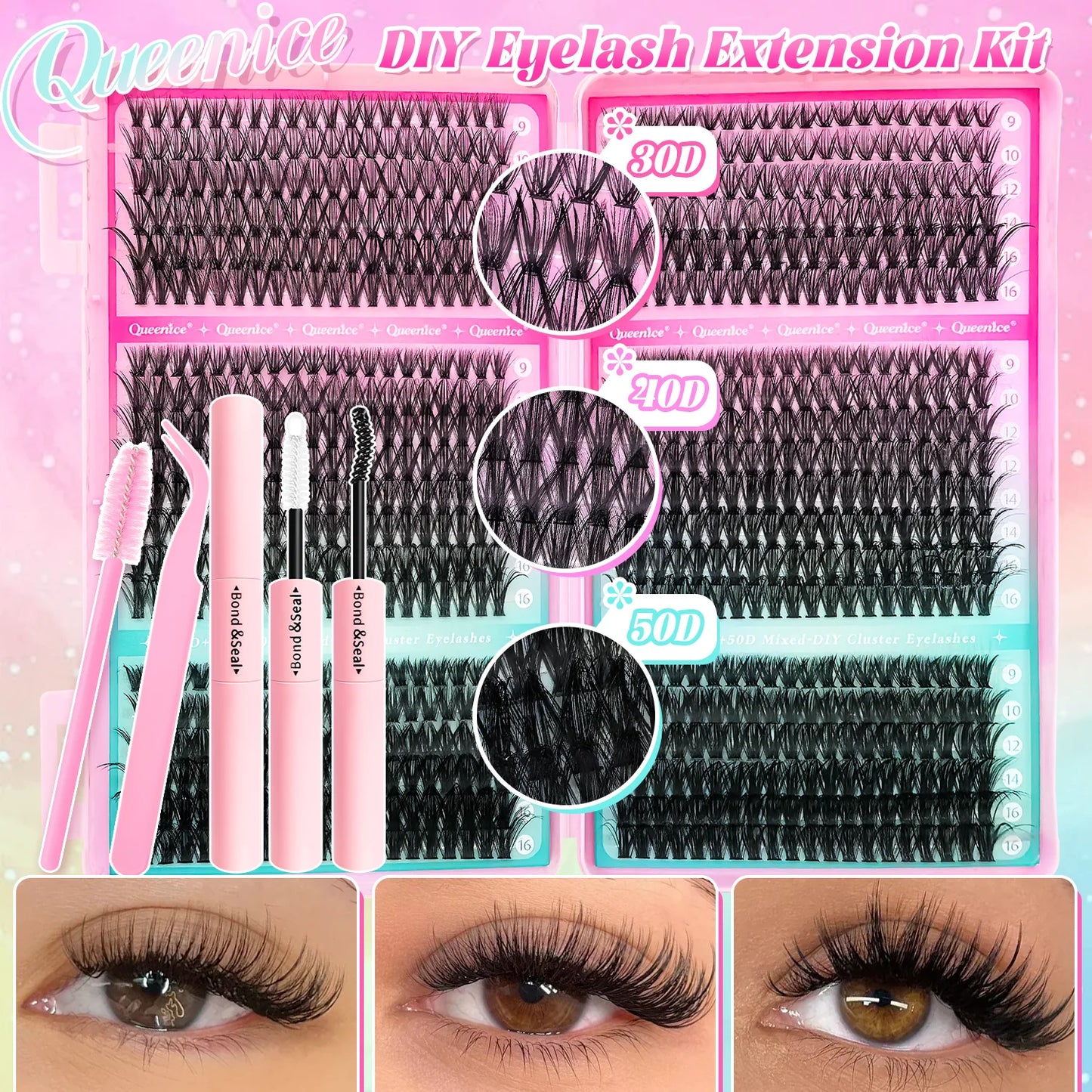 DIY Lash Extension Kit – Cluster Individual Eyelashes 9-16mm with Bond & Seal | Wispy Natural Look