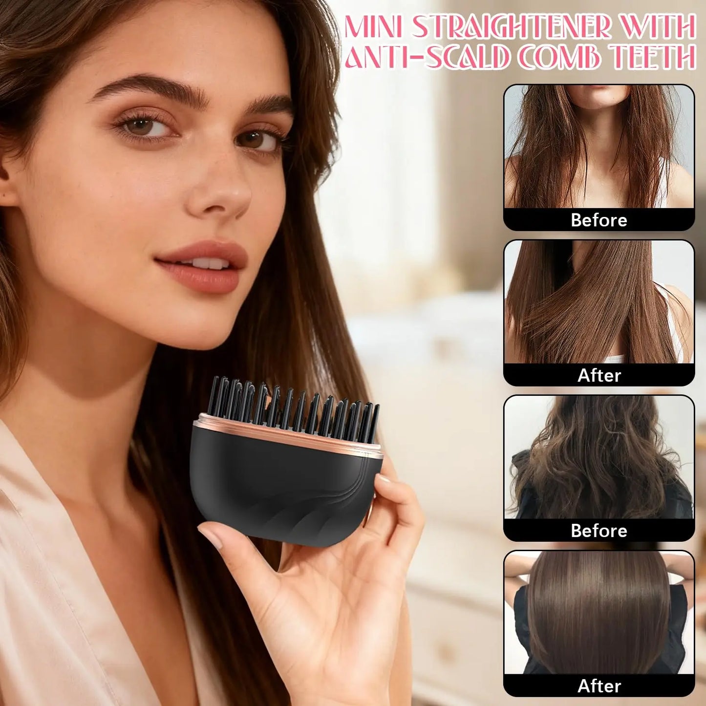 Cordless Mini Hair Straightener Brush – USB Rechargeable, Anti-Scald, Wet & Dry Use