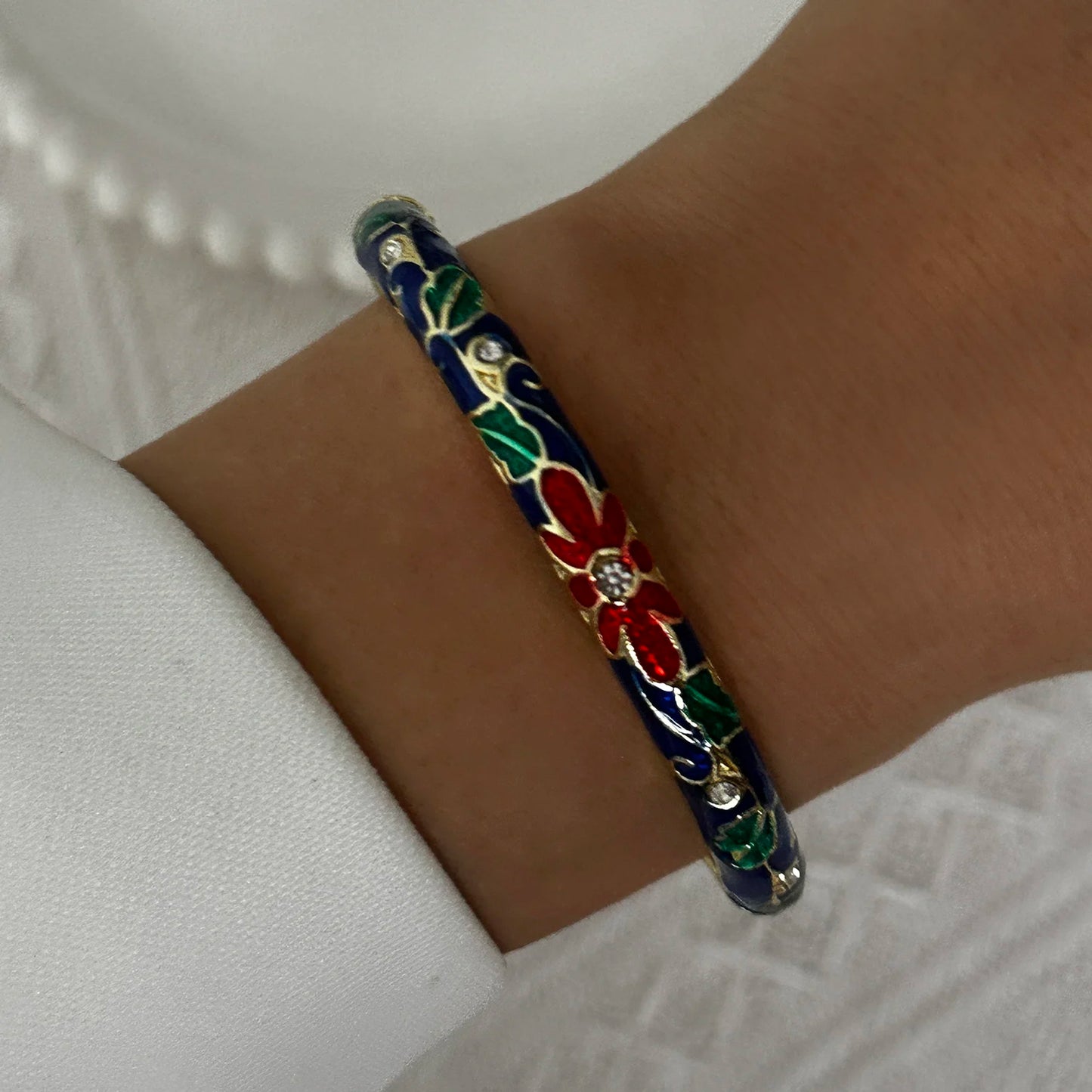 Enamel Flower Bracelet for Women | Retro Gold Plated Evil Eye Zircon Bangle