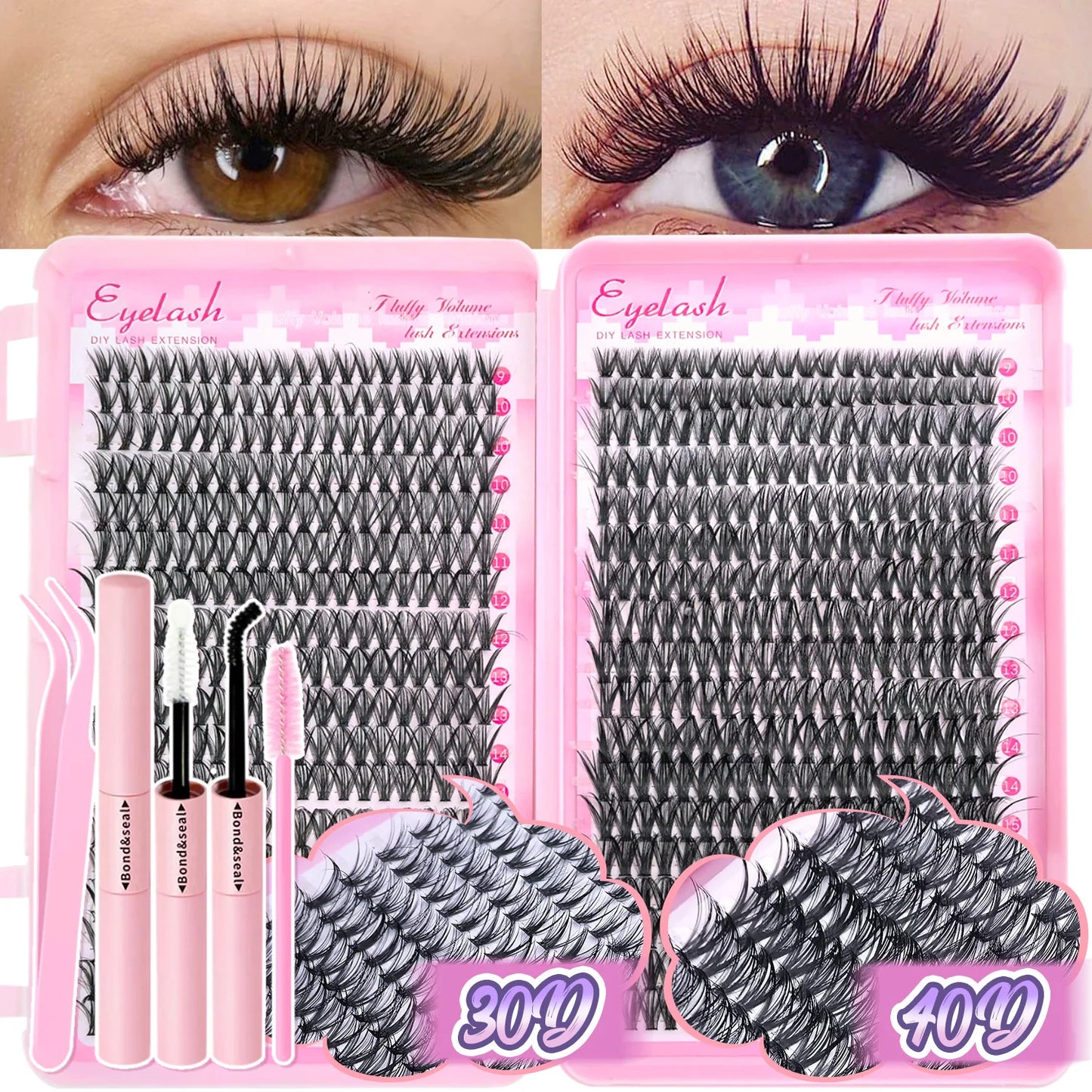 DIY Lash Extension Kit – Cluster Individual Eyelashes 9-16mm with Bond & Seal | Wispy Natural Look
