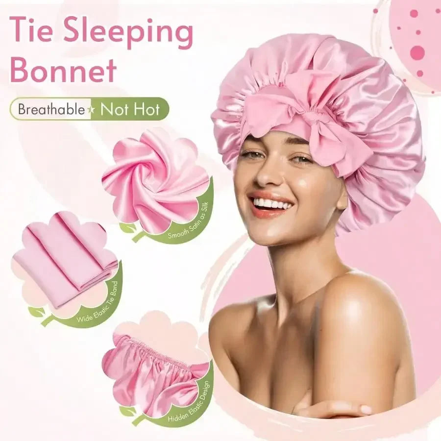Satin Bonnet for Women | Adjustable Bow Tie Silk Sleep Cap for Curly Hair & Night Hair Care