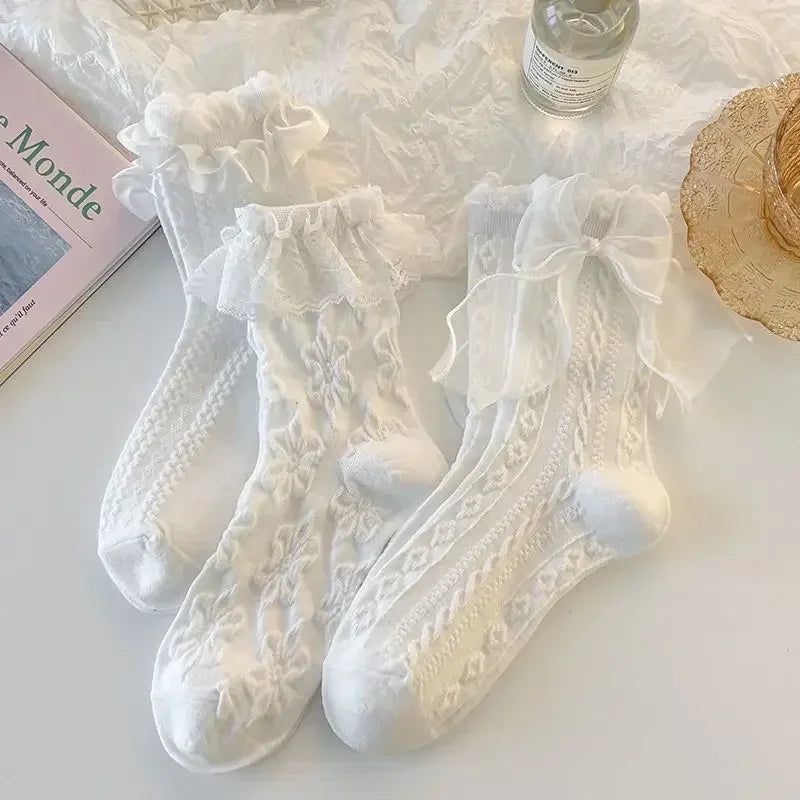 Kawaii Lace & Bow Ruffle Socks — Women's Cotton Stockings (6 Styles)