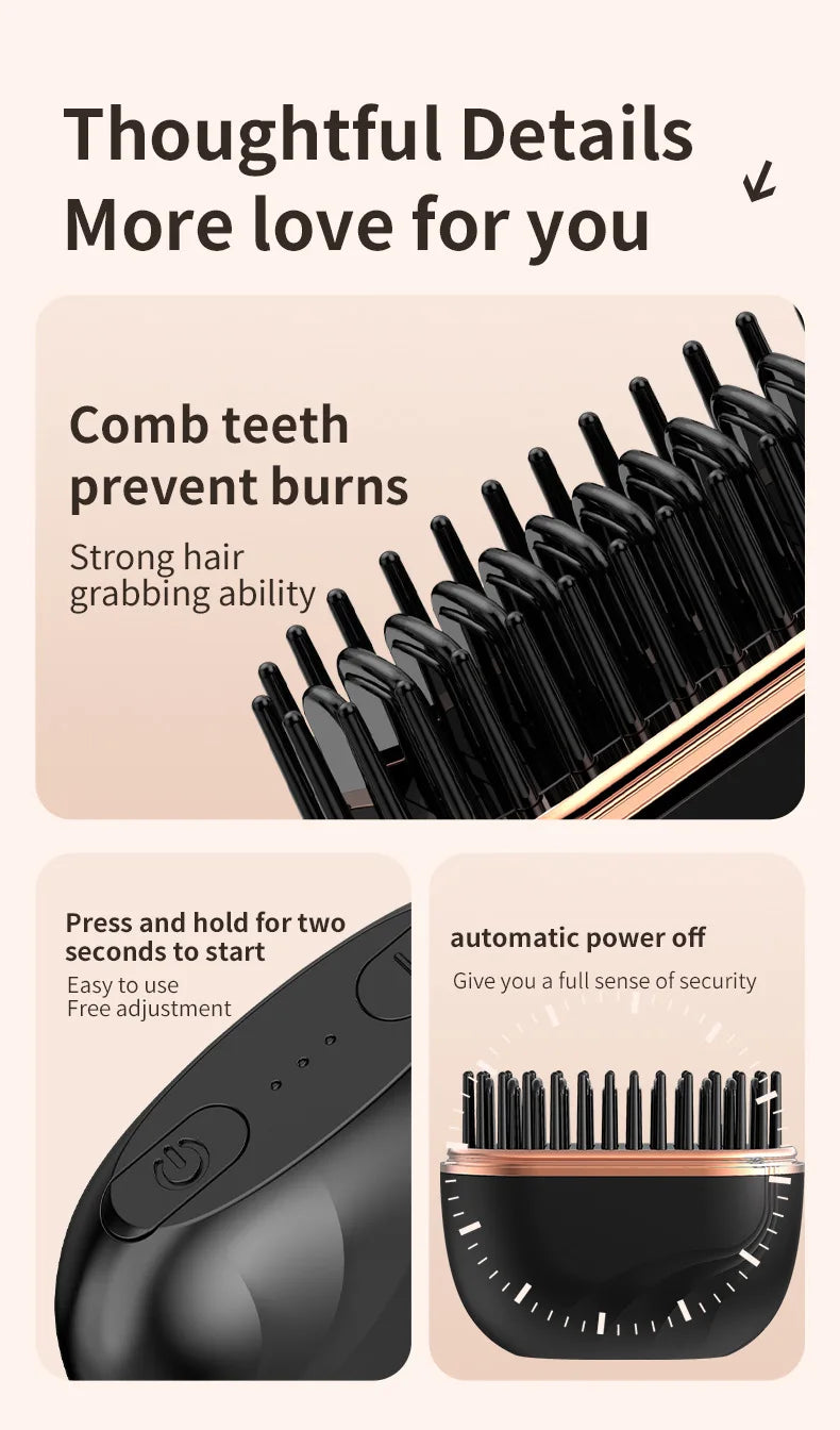 Cordless Mini Hair Straightener Brush – USB Rechargeable, Anti-Scald, Wet & Dry Use