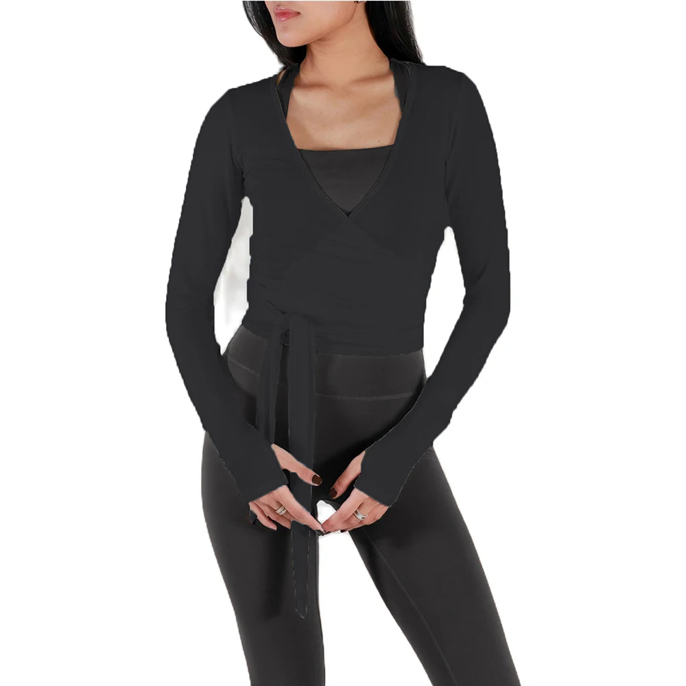 Women's Ballet Wrap Crop Top | Long Sleeve V-Neck Y2K Workout Tee with Thumb Holes
