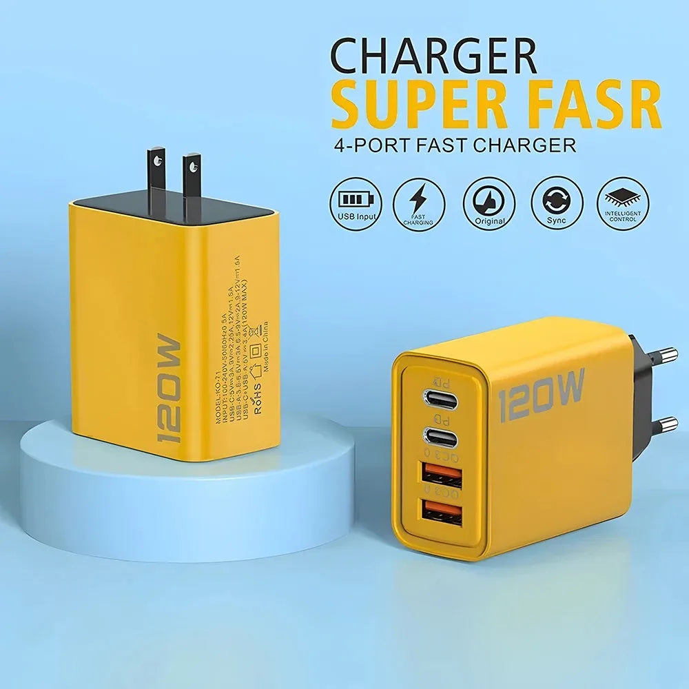 4-Port USB-C Fast Charger 120W – Quick Charge 3.0 for iPhone, Samsung & More