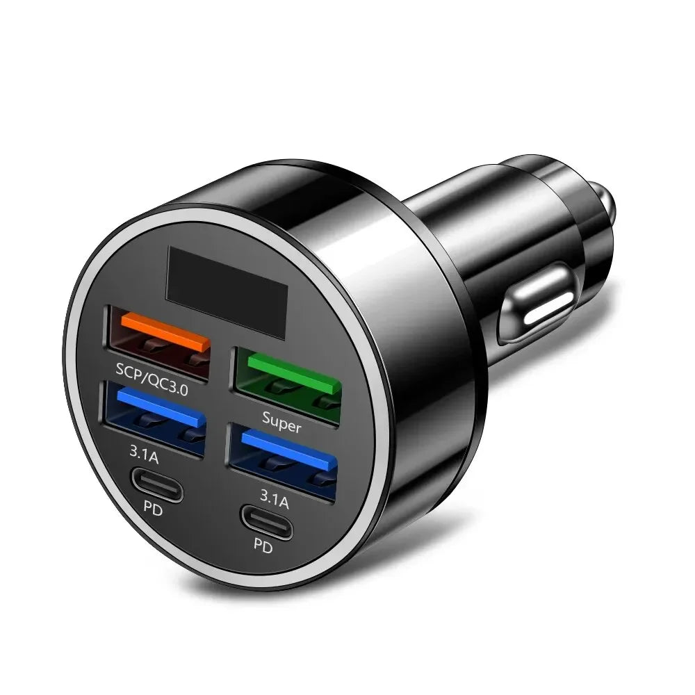 66-250W PD Car Charger – Multi-Port USB-C Fast Charge with Digital Display