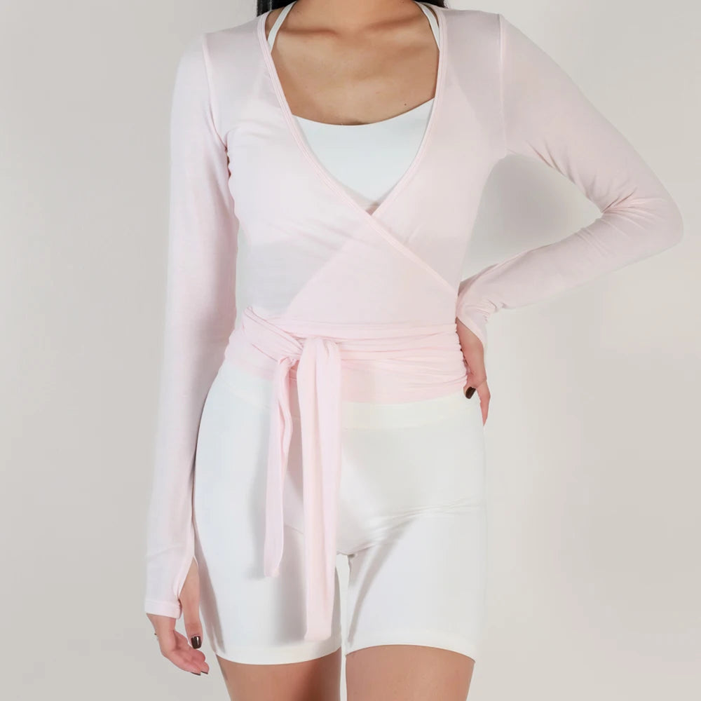 Women's Ballet Wrap Crop Top | Long Sleeve V-Neck Y2K Workout Tee with Thumb Holes