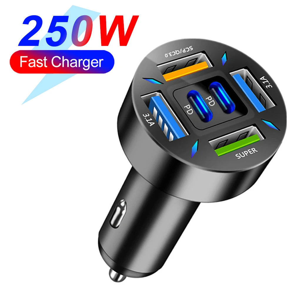 66-250W PD Car Charger – Multi-Port USB-C Fast Charge with Digital Display