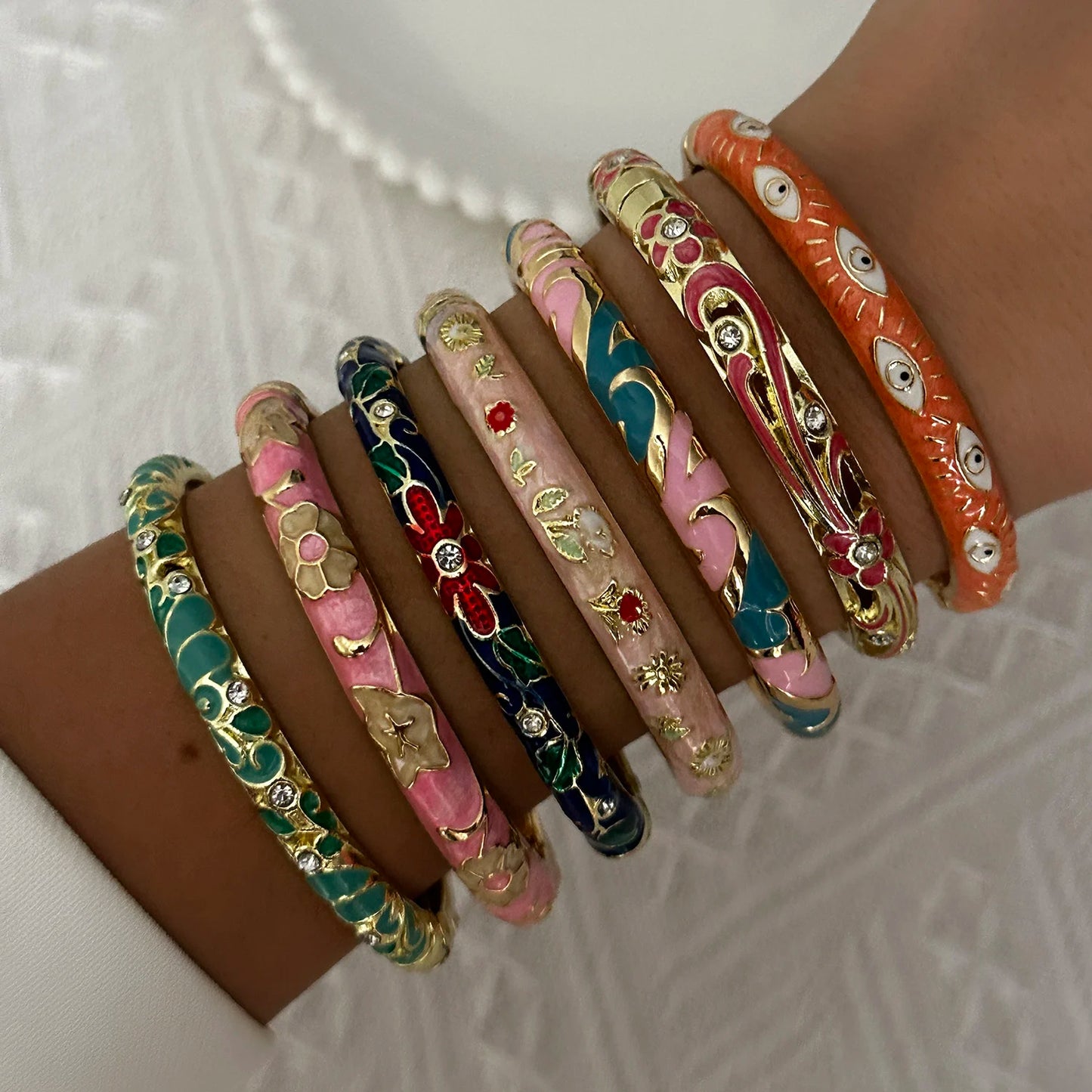 Enamel Flower Bracelet for Women | Retro Gold Plated Evil Eye Zircon Bangle