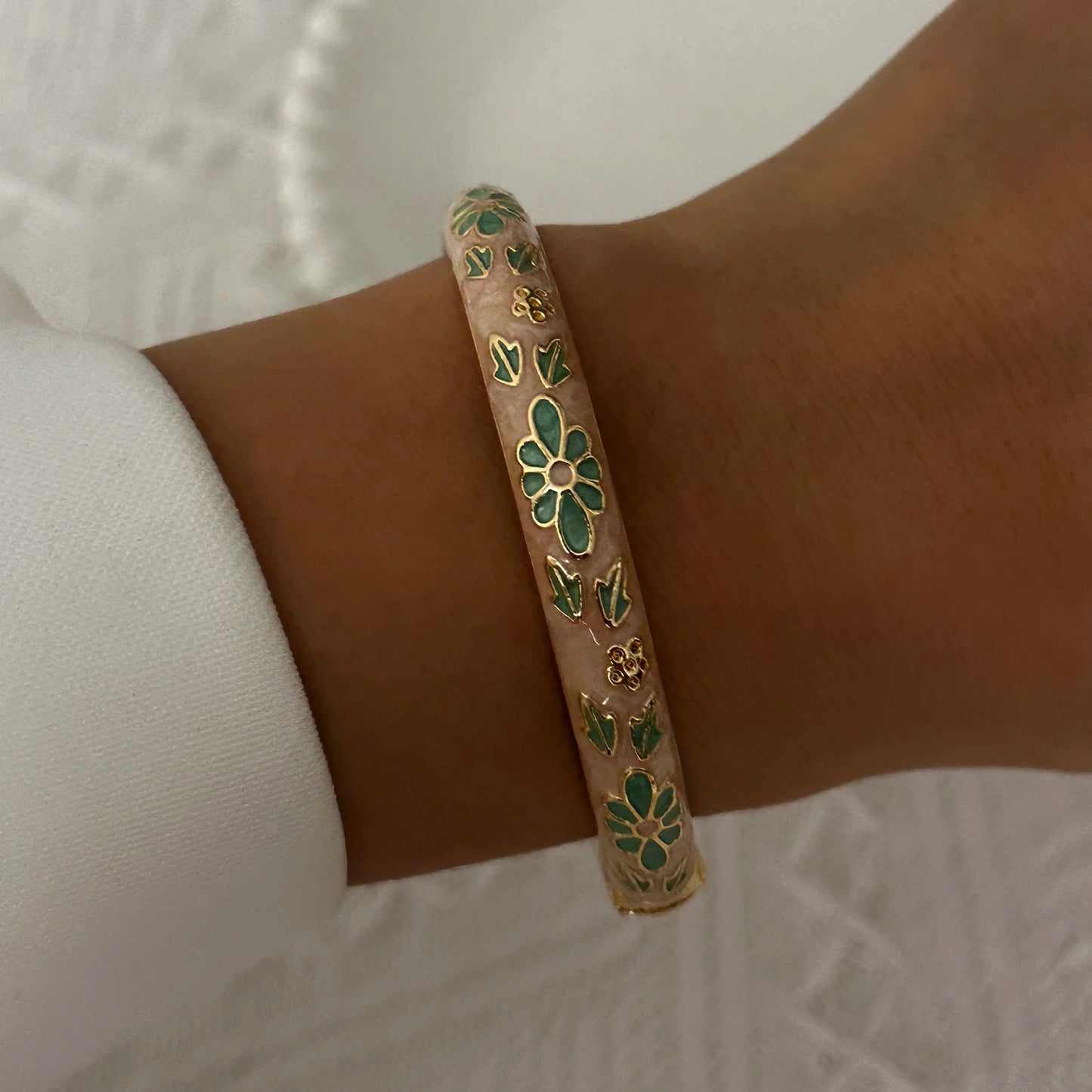 Enamel Flower Bracelet for Women | Retro Gold Plated Evil Eye Zircon Bangle