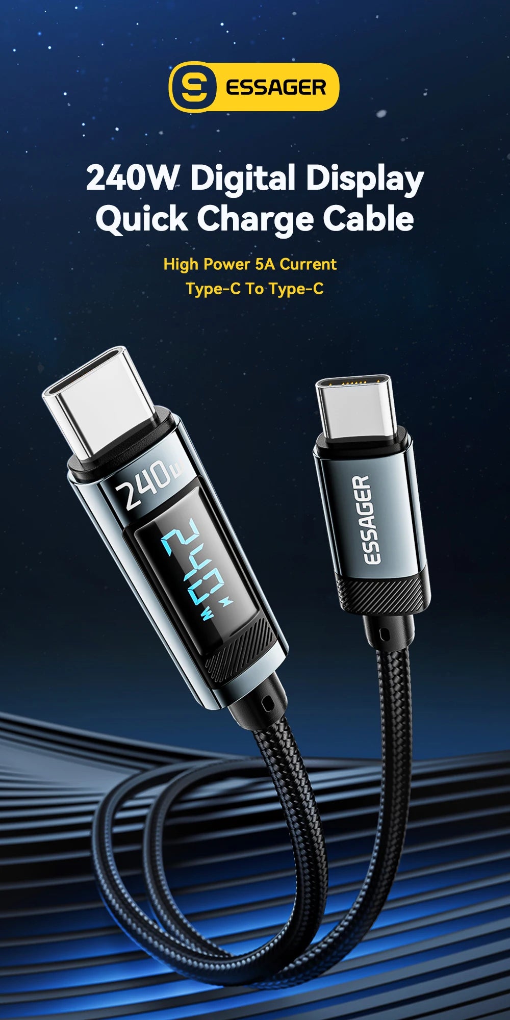 Essager 240W USB-C to USB-C Cable – PD 3.1 Fast Charging with LED Display | 1m & 2m
