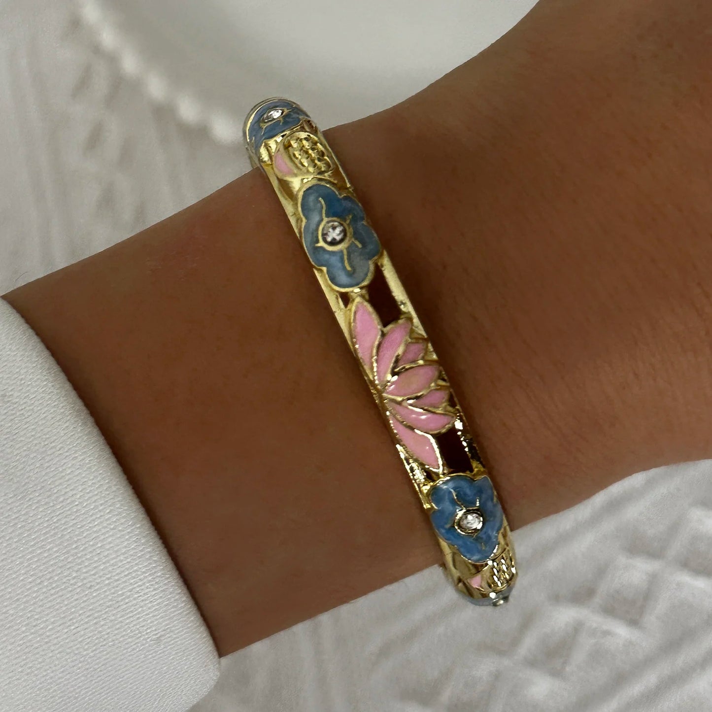 Enamel Flower Bracelet for Women | Retro Gold Plated Evil Eye Zircon Bangle