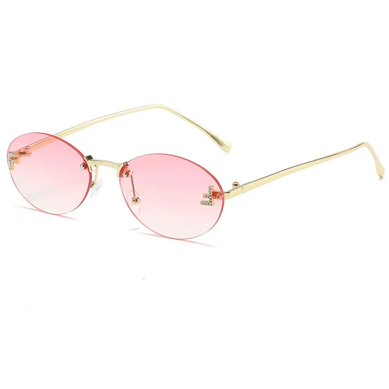 Diamond "F" Rimless Sunglasses – Luxury Oval Metal Frame UV400 Shades for Women