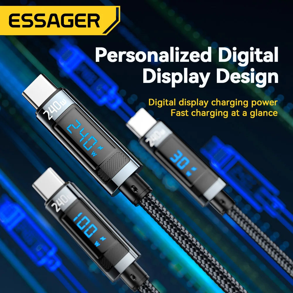 Essager 240W USB-C to USB-C Cable – PD 3.1 Fast Charging with LED Display | 1m & 2m