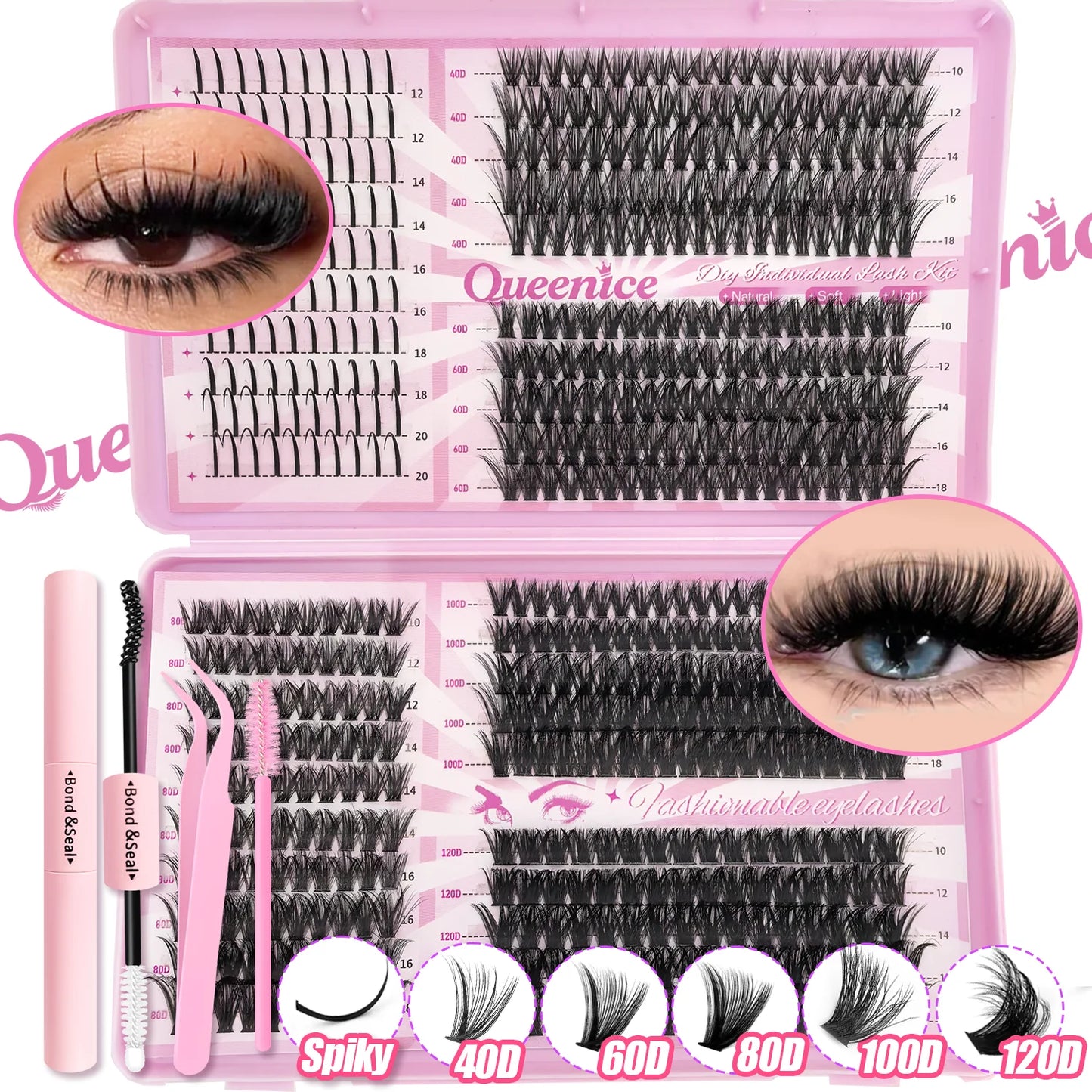 DIY Lash Extension Kit – Cluster Individual Eyelashes 9-16mm with Bond & Seal | Wispy Natural Look