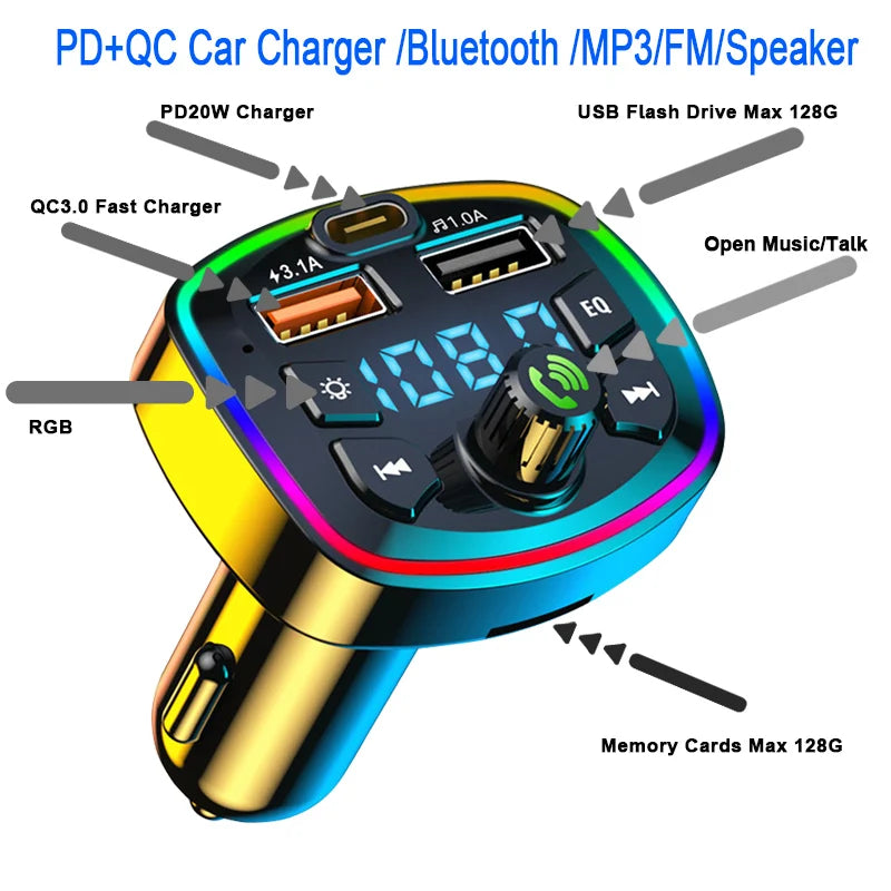 Car Bluetooth 5.0 FM Transmitter – Wireless Adapter, MP3 Player & Dual USB Fast Charger