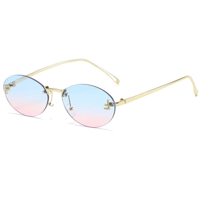 Diamond "F" Rimless Sunglasses – Luxury Oval Metal Frame UV400 Shades for Women