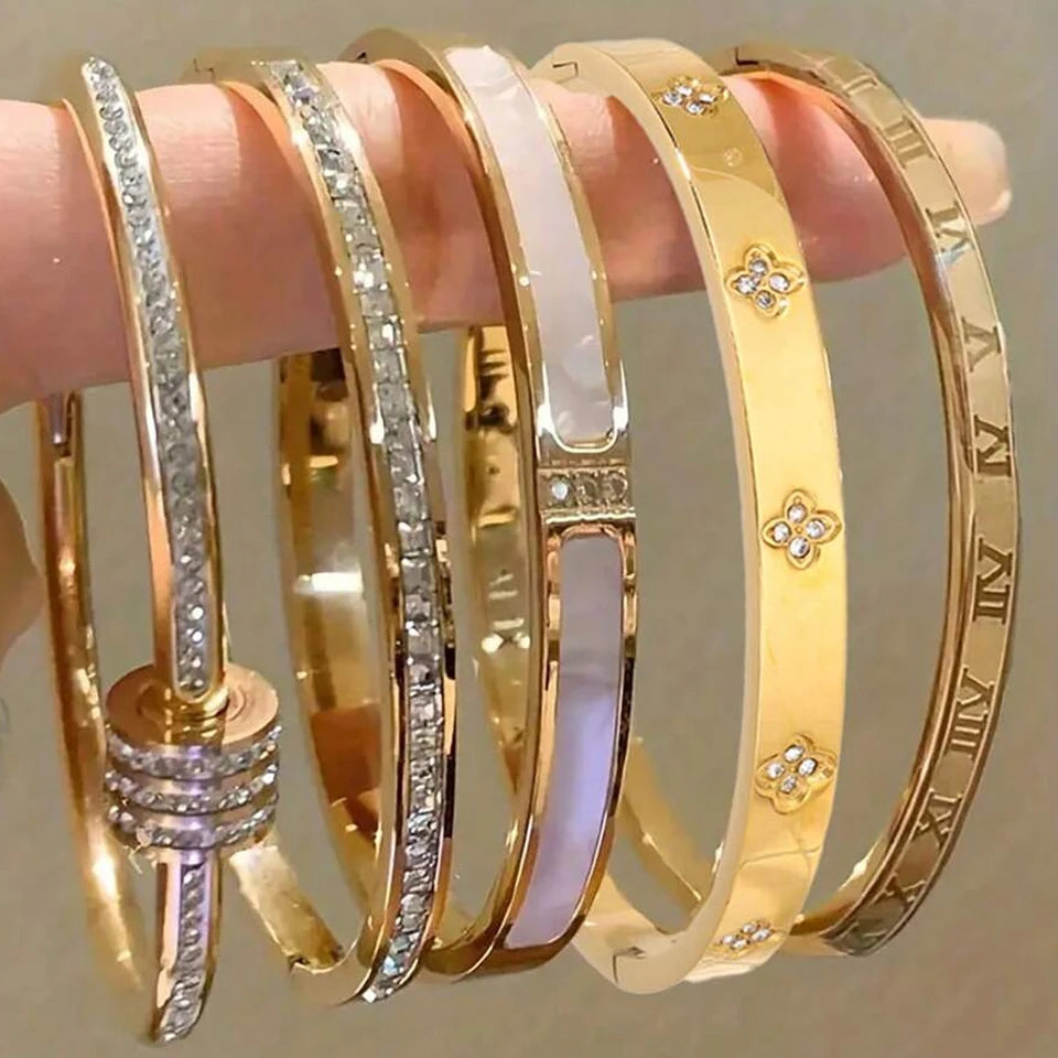 Sparkling Zirconia Stackable Bangle Set – Non-Fading Stainless Steel Bracelets for Women