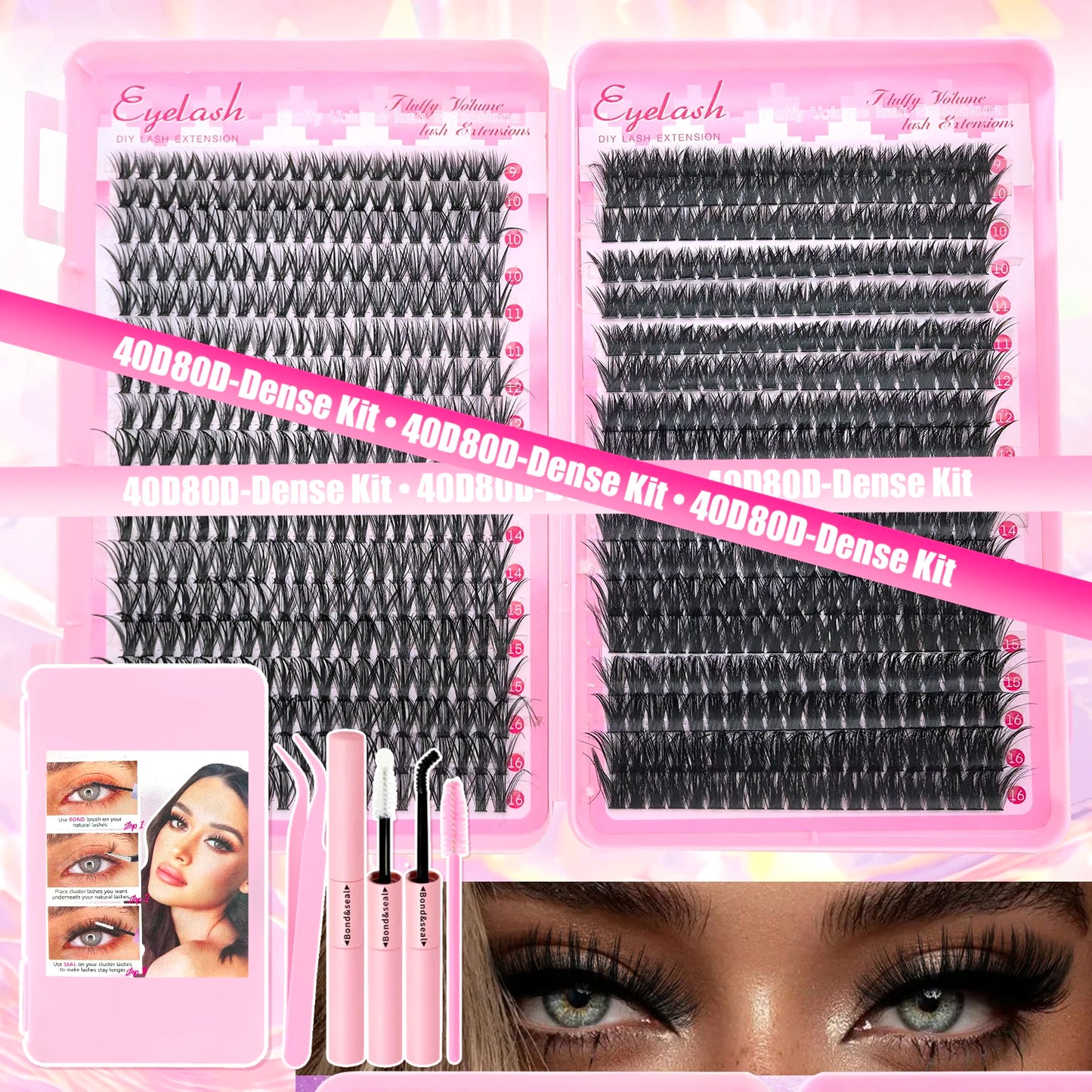 DIY Lash Extension Kit – Cluster Individual Eyelashes 9-16mm with Bond & Seal | Wispy Natural Look