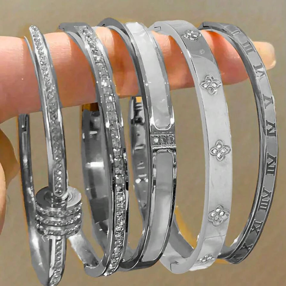 Sparkling Zirconia Stackable Bangle Set – Non-Fading Stainless Steel Bracelets for Women