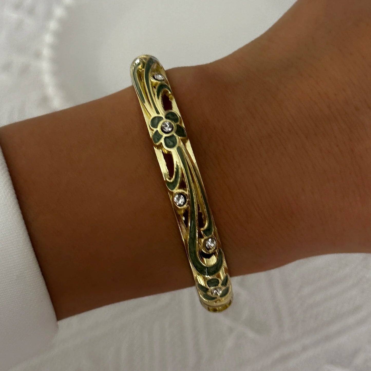 Enamel Flower Bracelet for Women | Retro Gold Plated Evil Eye Zircon Bangle