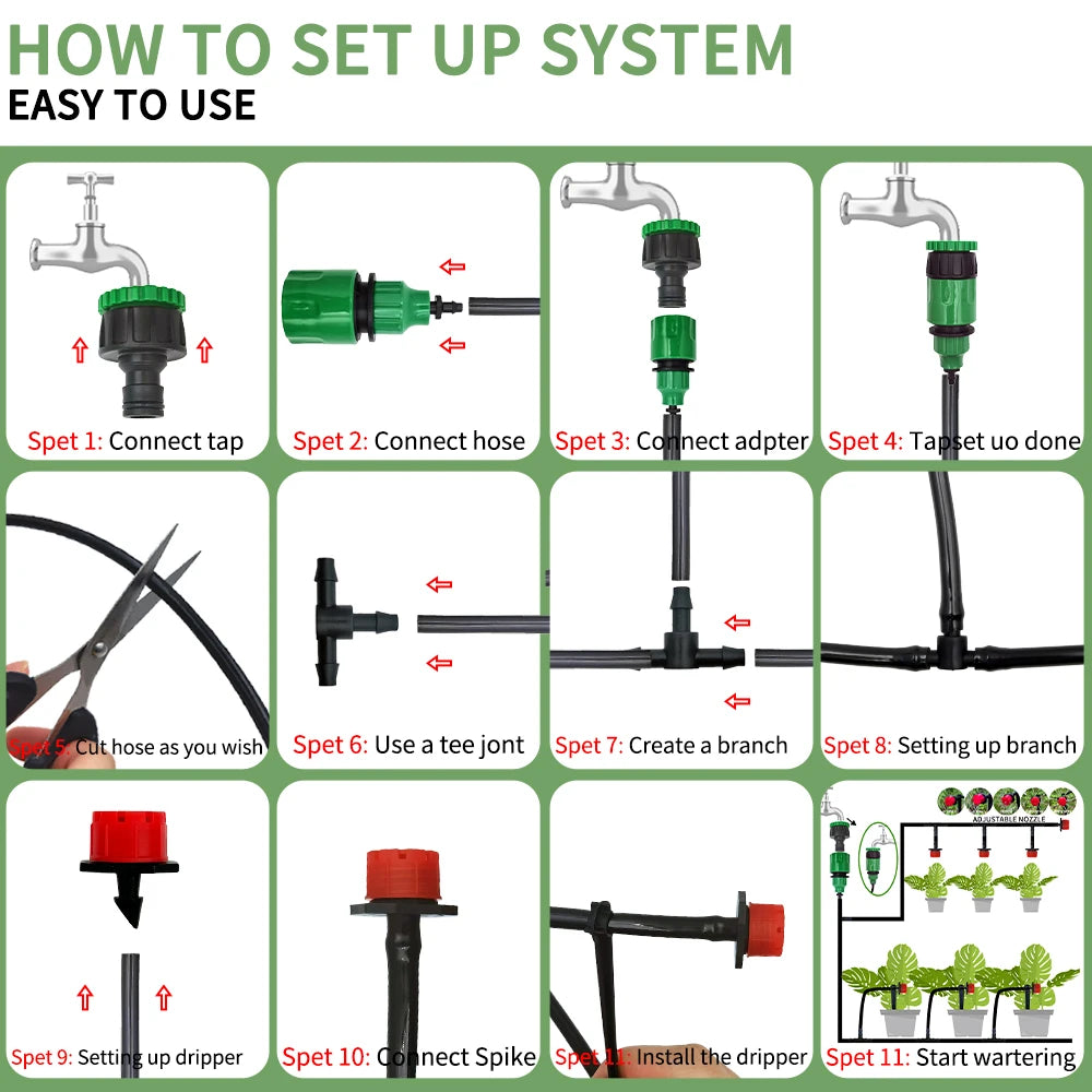 Micro Drip Irrigation Kit – Automatic Watering System with Adjustable Drippers & Misting Nozzles (5M–20M)