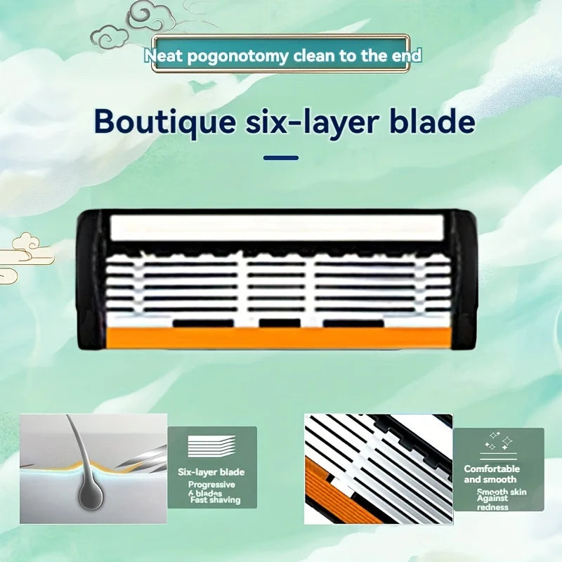 6-Layer Safety Razor Set for Men – Stainless Steel Shaver with Changeable Blade Head