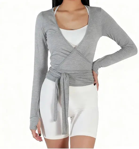 Women's Ballet Wrap Crop Top | Long Sleeve V-Neck Y2K Workout Tee with Thumb Holes
