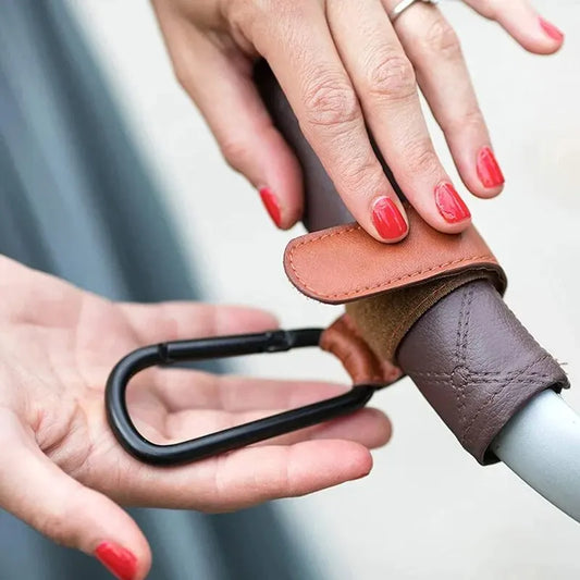 2-Pack PU Leather Stroller Hooks – Adjustable Pram & Diaper Bag Hanger