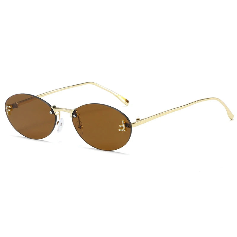 Diamond "F" Rimless Sunglasses – Luxury Oval Metal Frame UV400 Shades for Women