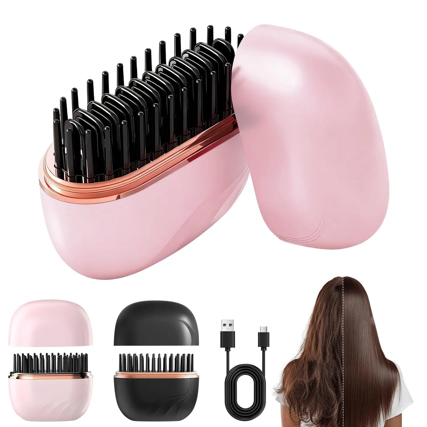 Cordless Mini Hair Straightener Brush – USB Rechargeable, Anti-Scald, Wet & Dry Use