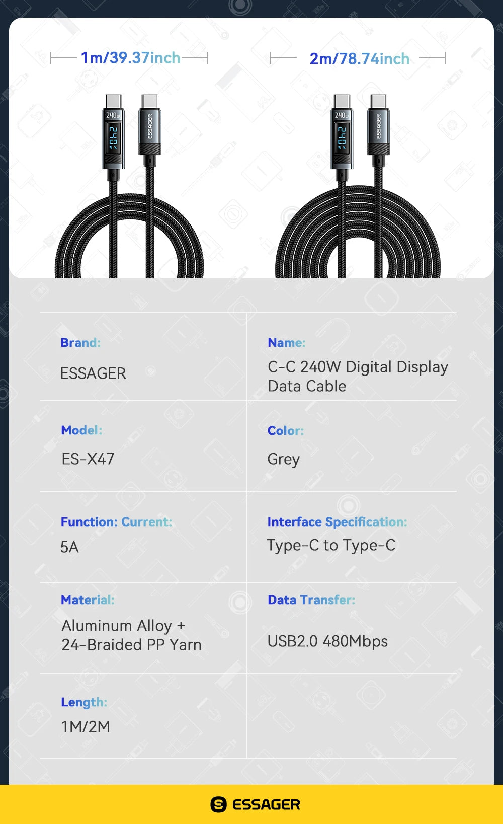 Essager 240W USB-C to USB-C Cable – PD 3.1 Fast Charging with LED Display | 1m & 2m