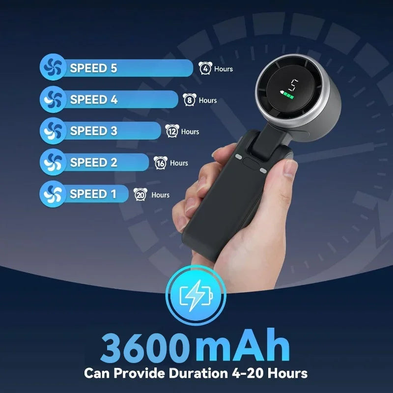 3-in-1 Portable Mini Fan – 5-Speed, 3600mAh Rechargeable, USB Charging