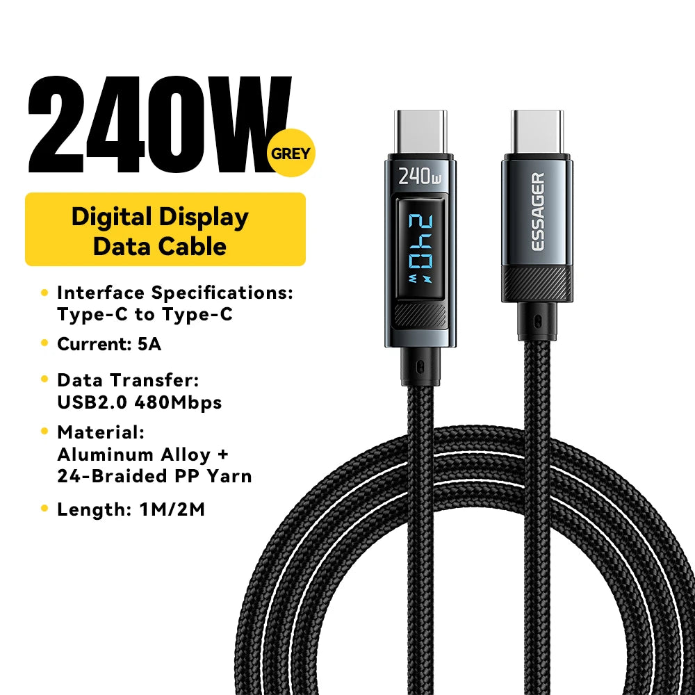 Essager 240W USB-C to USB-C Cable – PD 3.1 Fast Charging with LED Display | 1m & 2m