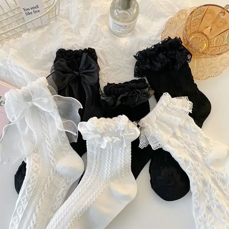 Kawaii Lace & Bow Ruffle Socks — Women's Cotton Stockings (6 Styles)
