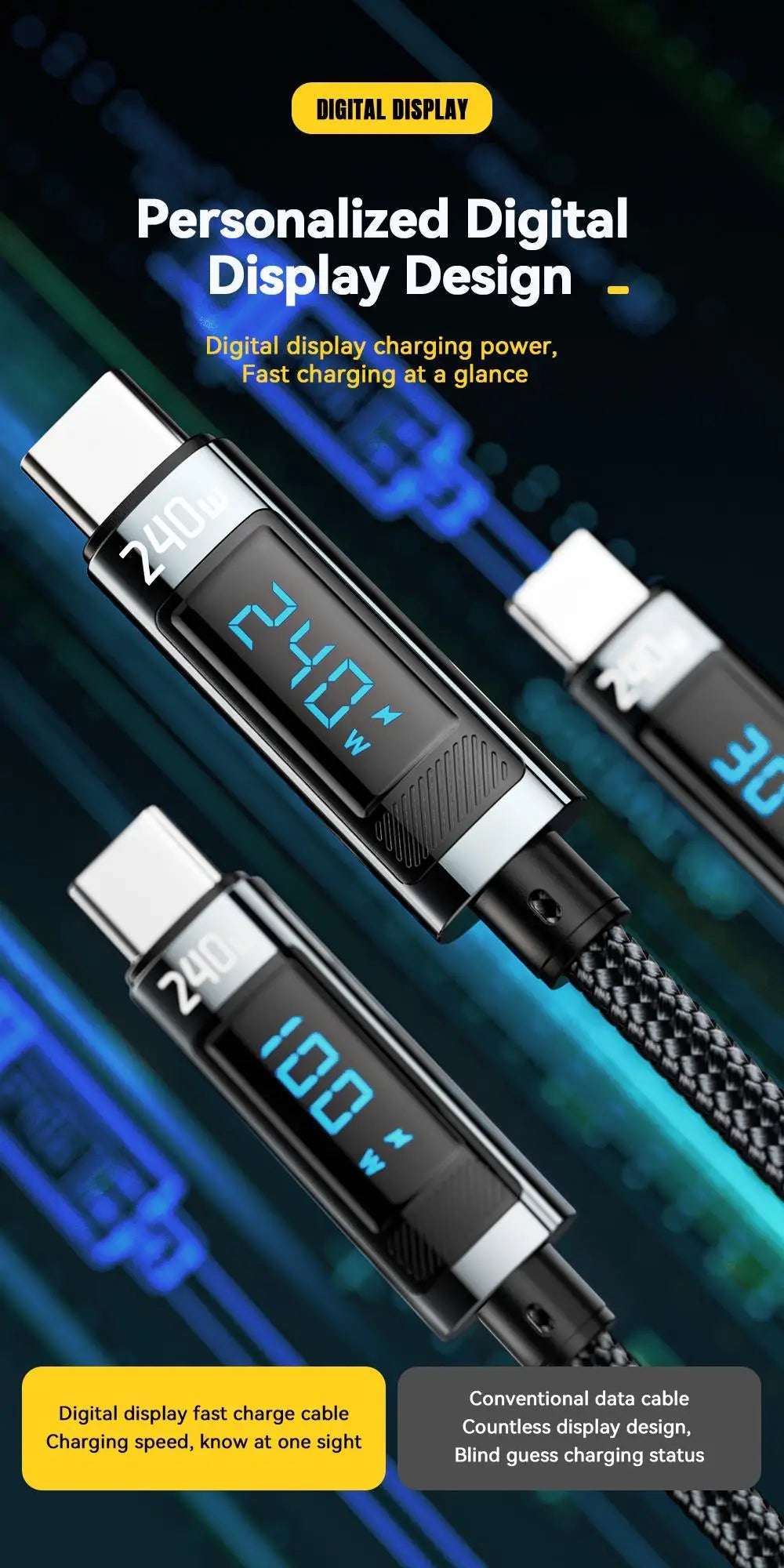Essager 240W USB-C to USB-C Cable – PD 3.1 Fast Charging with LED Display | 1m & 2m