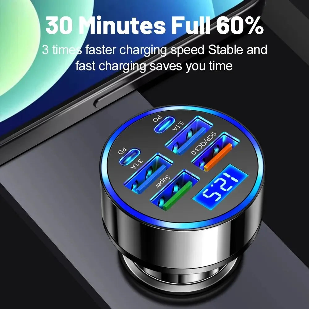 66-250W PD Car Charger – Multi-Port USB-C Fast Charge with Digital Display