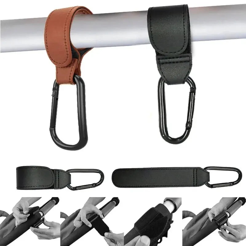 2Pcs PU Leather Stroller Hooks – Adjustable Pram & Diaper Bag Hanger