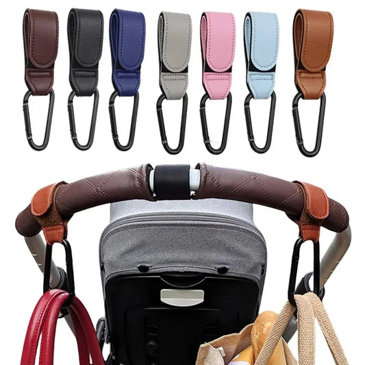 2-Pack PU Leather Stroller Hooks – Adjustable Pram & Diaper Bag Hanger