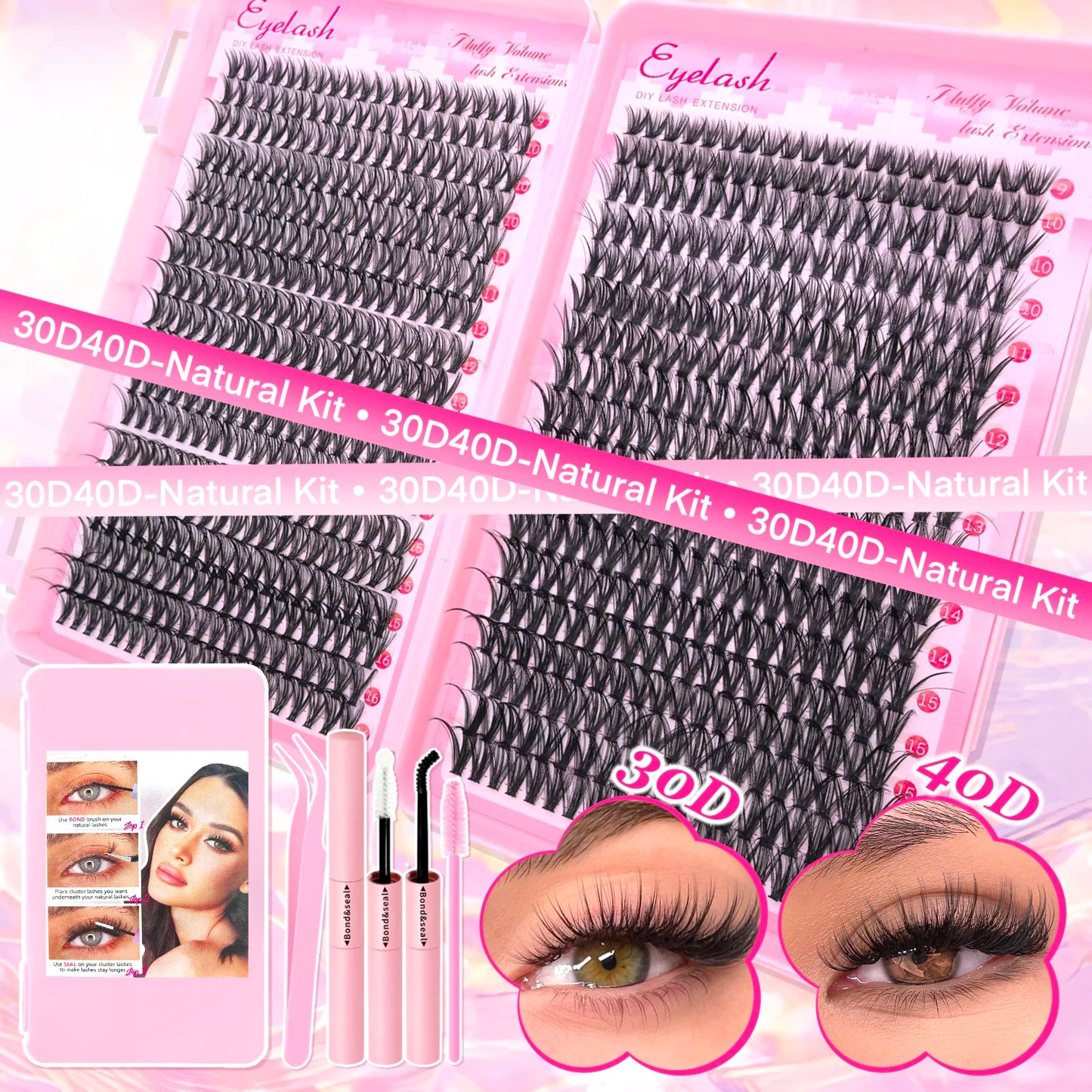 DIY Lash Extension Kit – Cluster Individual Eyelashes 9-16mm with Bond & Seal | Wispy Natural Look