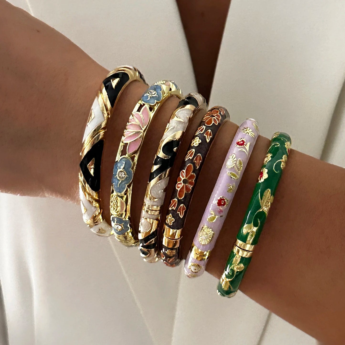 Enamel Flower Bracelet for Women | Retro Gold Plated Evil Eye Zircon Bangle