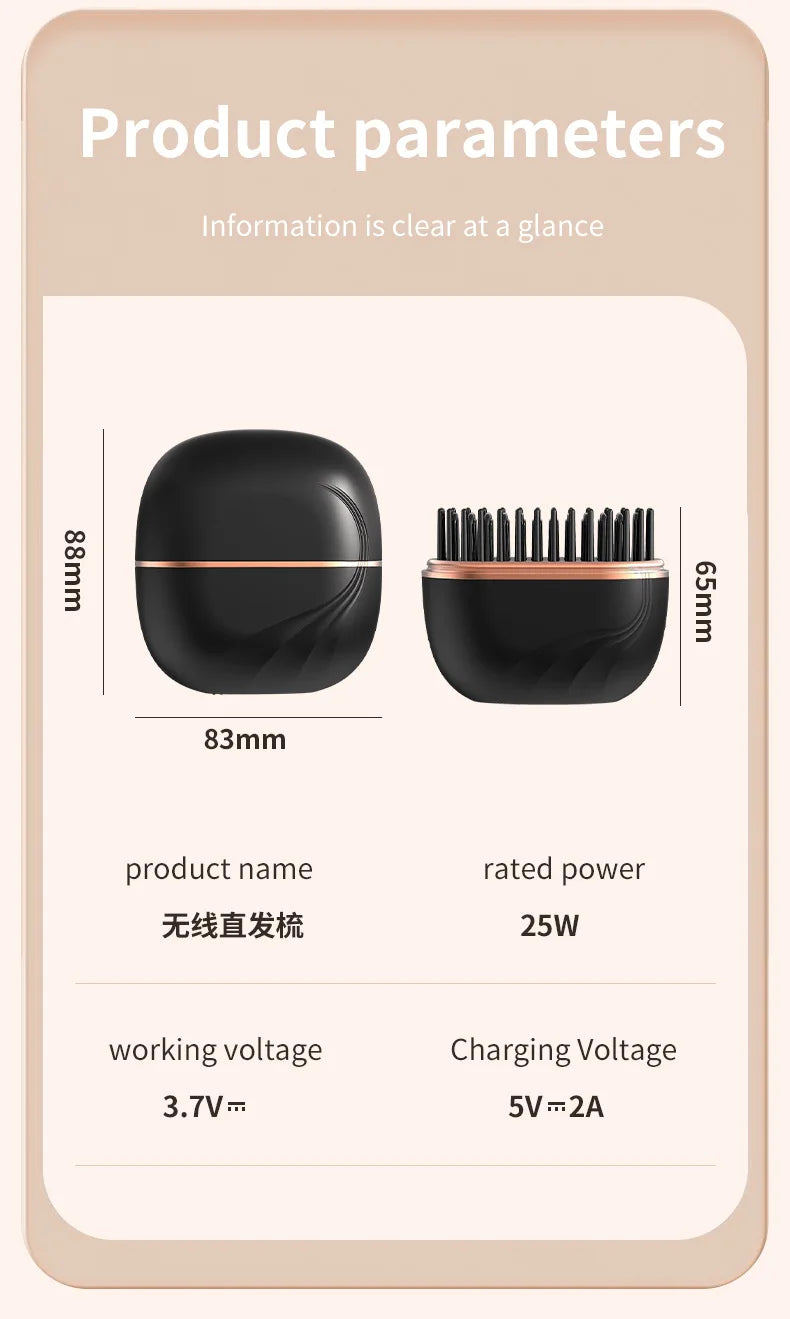 Cordless Mini Hair Straightener Brush – USB Rechargeable, Anti-Scald, Wet & Dry Use