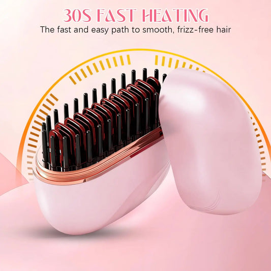 Cordless Mini Hair Straightener Brush – USB Rechargeable, Anti-Scald, Wet & Dry Use
