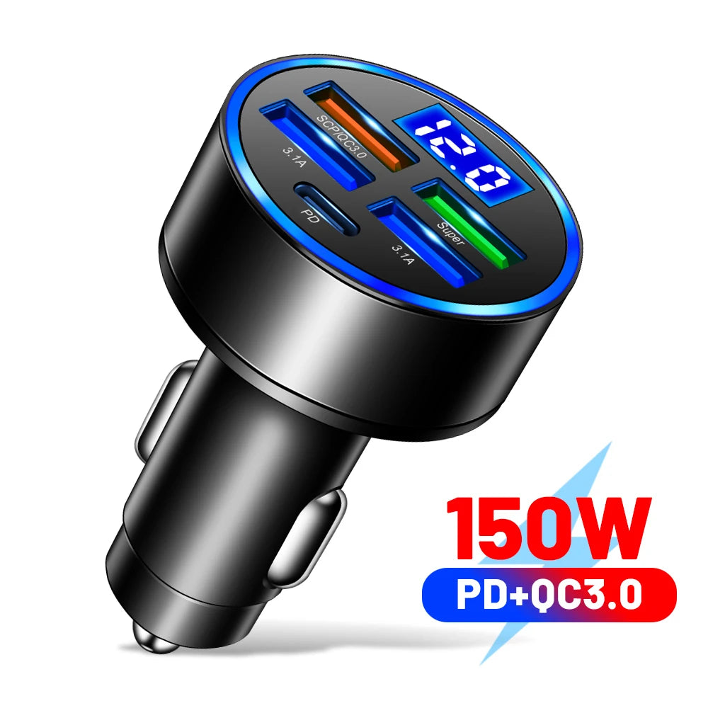 66-250W PD Car Charger – Multi-Port USB-C Fast Charge with Digital Display