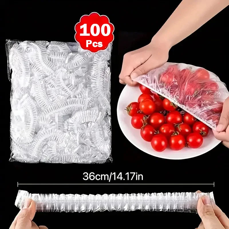 100pcs Disposable Food Cover – Saran Wrap Bowl Covers | Food Grade Fresh-Keeping Plastic Bags
