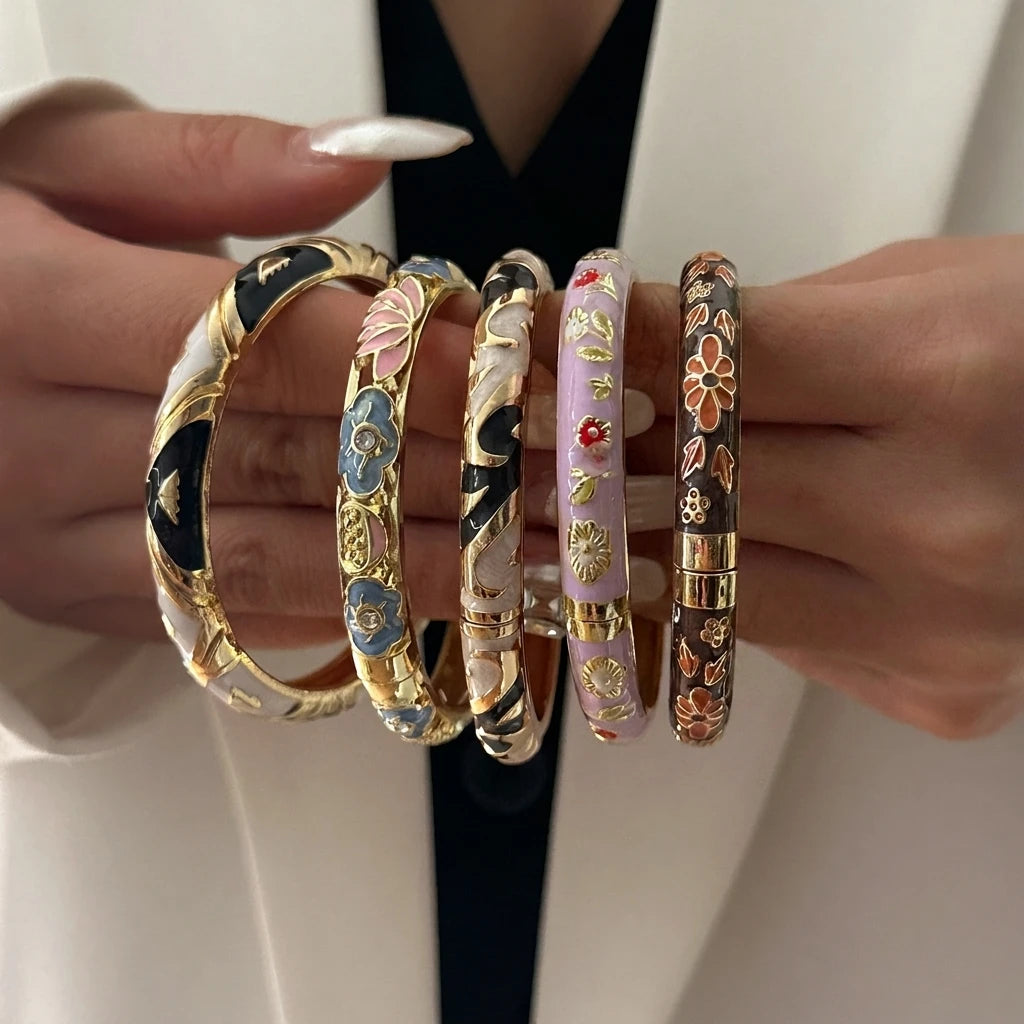 Enamel Flower Bracelet for Women | Retro Gold Plated Evil Eye Zircon Bangle