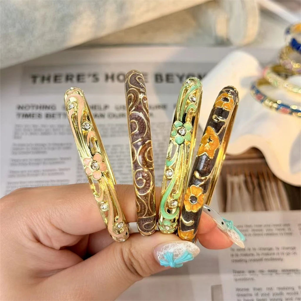 Enamel Flower Bracelet for Women | Retro Gold Plated Evil Eye Zircon Bangle