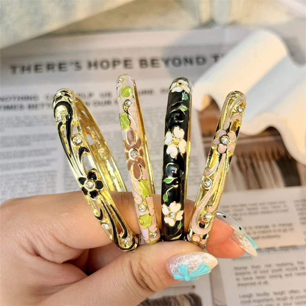 Enamel Flower Bracelet for Women | Retro Gold Plated Evil Eye Zircon Bangle